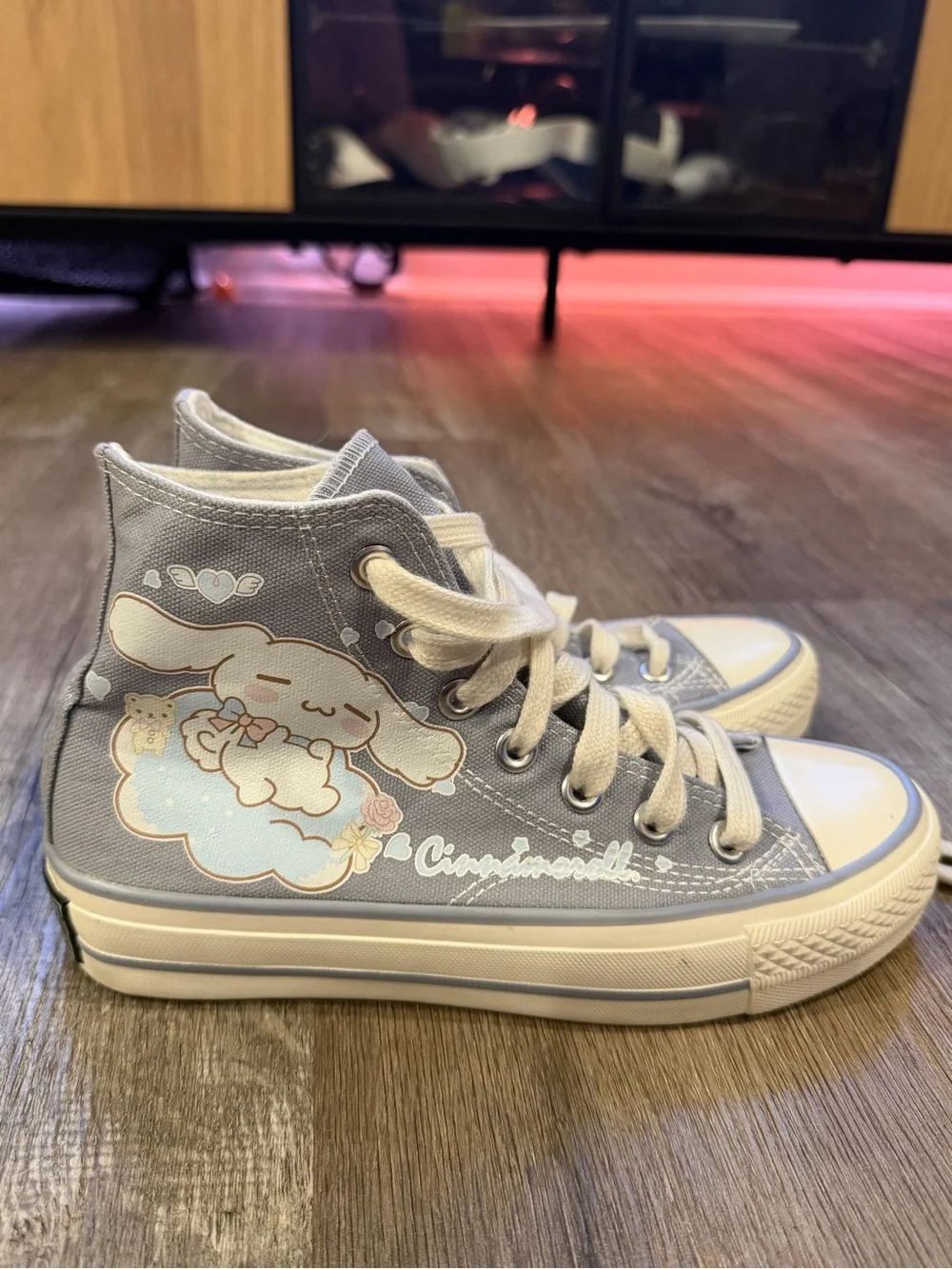 Canvas High-Top Sneakers in Light Gray with Character Print